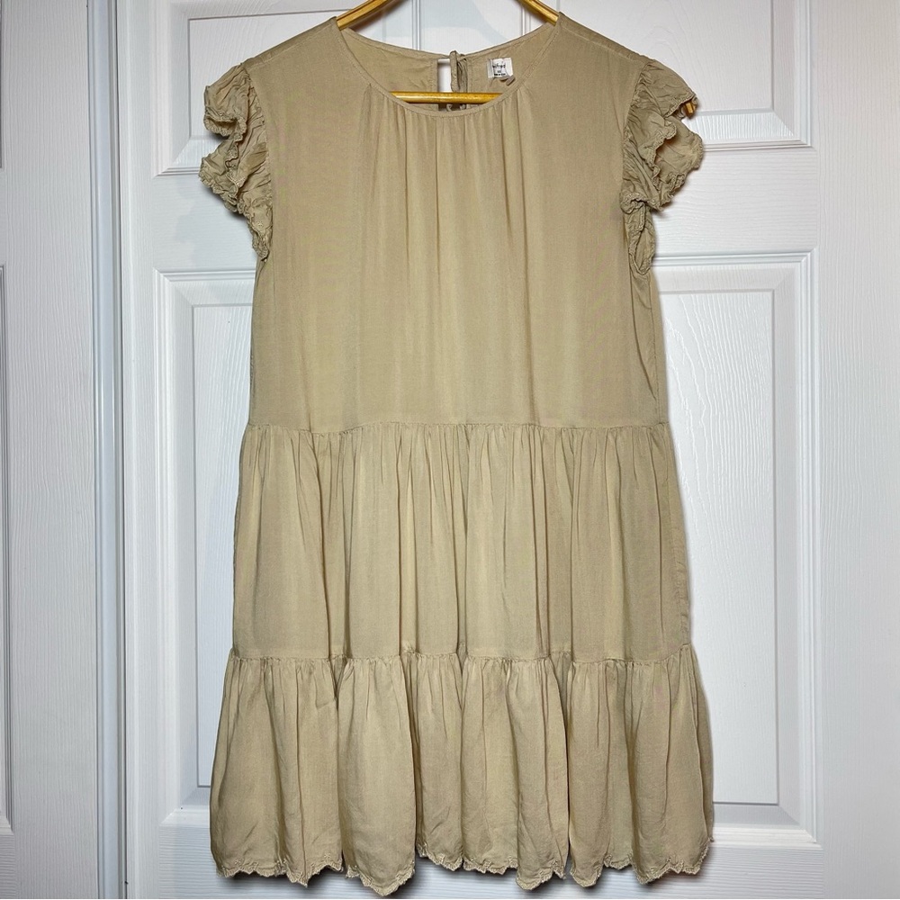 Aritzia Wilfred Tan Boho Sidonie Tiered Babydoll Fairy Dress Flutter sleeve XS
